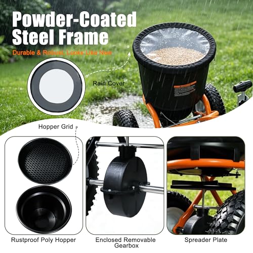 ZORYX 50LB Walk-Behind Broadcast Spreader, Heavy Duty Push Spreader for Fertilizer, Seed, Salt, Ice Melt, 13" Pneumatic Tires, Adjustable Flow, Anti-Clog Hopper w/Rain Cover