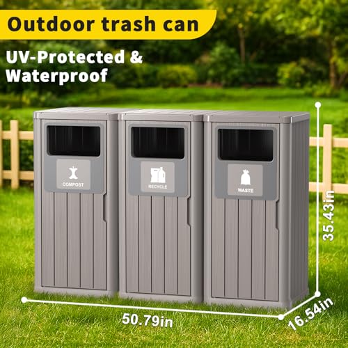 PatioZen Outdoor Three Barrel Trash Can,Waterproof Resin Garbage Can with Garbage Labels,Durable Waste Bin for Porch, Backyard,Kitchen,for 30 to 39 Gallon Trash Bags - color: Grey, size: 50*16*35