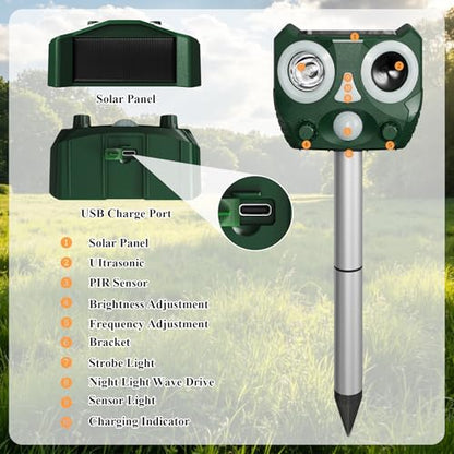 Upgraded Outdoor Ultrasonic Solar Animal Repellent with Flash Light,Sound