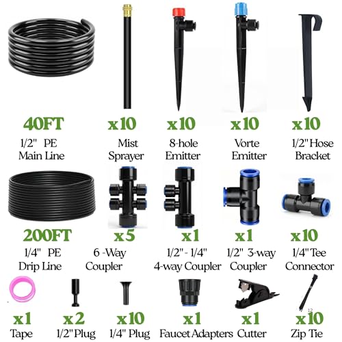 240FT Drip Irrigation System for Garden: Quick Connect 1/2" OD 5/16" ID PE Main Tubing Automatic Sprinkler Kit Adjustable Misting Part 1/4" Watering Hose for Outdoor Raised Bed Plants Flower Yard