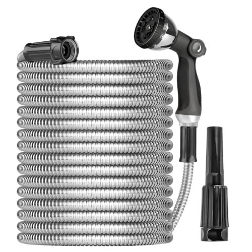 2024 Metal Garden Hose 75ft Heavy Duty Stainless Steel Water Hose with Sprayer & Metal Fittings Flexible Lightweight Hose Puncture Proof Hose for Yard, Outdoors, Rv - size: 75 FT