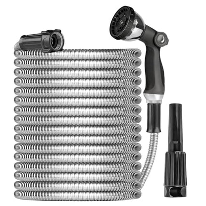 Metal Garden Hose Water Hose 100ft Heavy Duty Stainless Steel Water Pipe with Sprayer & Nozzle Flexible Lightweight Hose No Kink Pet Proof Hose for Yard, Outdoors, Rv - size: 100 FT