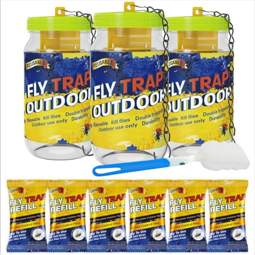 3 Reusable Fly Traps Outdoor Bottles, Fly Killer Catcher Jar with 6 Bait - size: 3 pack
