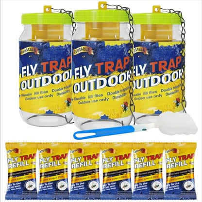 3 Reusable Fly Traps Outdoor Bottles, Fly Killer Catcher Jar with 6 Bait - size: 3 pack