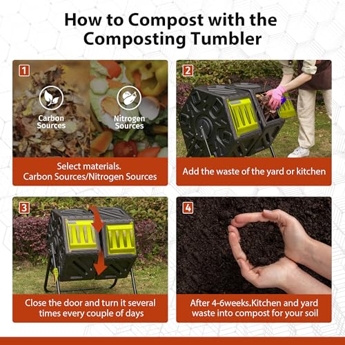 Compost Bin, 37-Gal Dual Chamber Composter Tumbler, Black Yellow