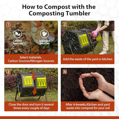 Compost Bin, 37-Gal Dual Chamber Composter Tumbler, Black Yellow