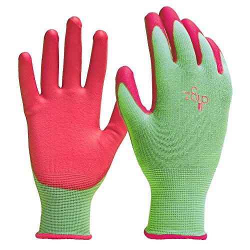 DIGZ 7697 Stretch Knit Women's Gardening Gloves, Work Gloves with Polyurethane Coating, Green/Pink, Large