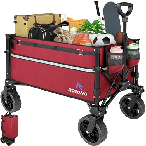 ROSONG Collapsible Wagon Cart with Wheels Foldable - Folding Utility Heavy Duty Wagons Carts for Grocery Sports Garden Shopping Camping Wheelbarrows, Burgundy - color: Burgundy, size: 120L