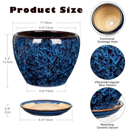 Hollyone 7inch Ceramic Planter Blue Ceramic Plant Pot for Plants Flowers with Drainage Hole and Saucers Ceramic Glaze Round Flower Plant Pot for Indoor Outdoor Medium Round Succulent Orchid Flower Pot - size: 7 Inch (Single)