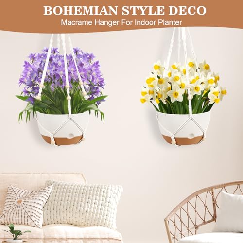 3 Pack Hanging Pot for Indoor Plants, 10inch Self-Watering Hanging Planter, Macrame Plant Hanger with Pot, Metal Chain, S & Ceiling Hooks, Removable Saucer and Drainage Holes for Garden Home - White - color: White
