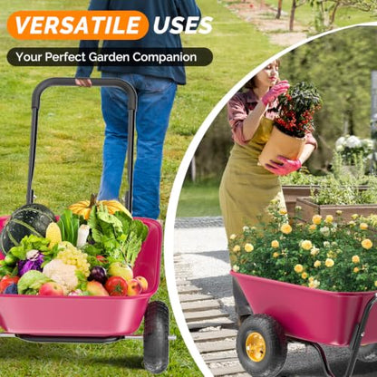 VINGLI Wheelbarrow, Plastic and Steel Wheel Barrel, Garden Cart for Lawn, Gardening, Construction (Pink) - color: Pink