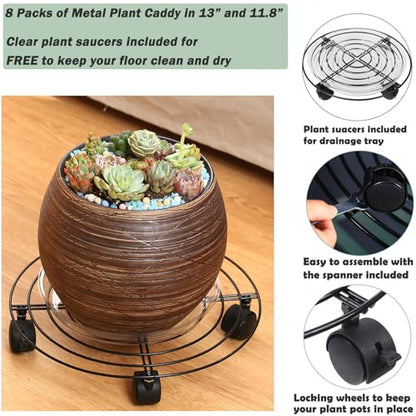 8 Packs Large Metal Plant Caddy with Wheels 13" and 11.8" Heavy-Duty Wrought Iron Rolling Plant Stands with Casters Plant Dolly Plant Roller Base Indoor and Outdoor Plant Pot Movers Planter Rollers - color: Black