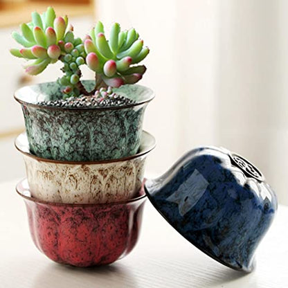 YYW 3 Inch Ceramic Plant Pot Set of 4 with Drainage and Bamboo Tray(Set 3) - color: Set 3, size: One Size