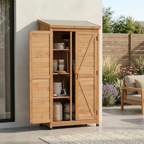 Space-Saving Outdoor Storage Cabinet for Patio and Garden Tools - color: Gold - 33.50 X 18.50 X 68.00 Inch