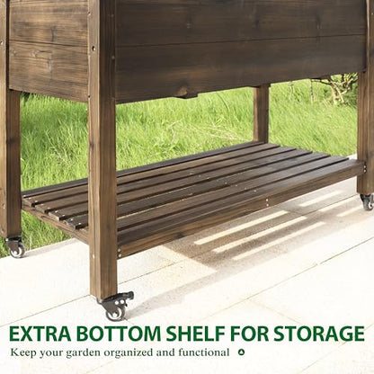 VEIKOU 48x24x33in Cedar Raised Garden Bed, Planter Raised Beds with Lockable Wheels, Storage Shelf, Raised Garden Beds Outdoor for Backyard, Patio, Balcony, Rustic