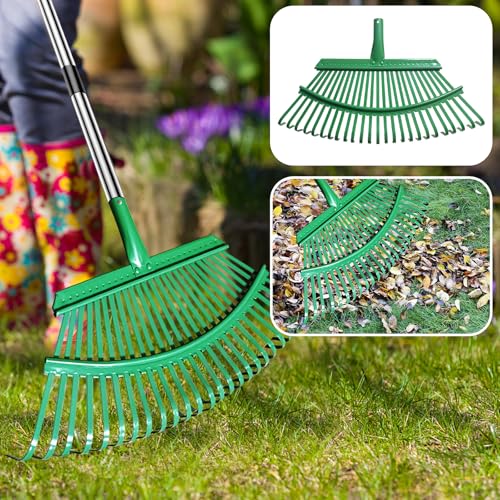 Adjustable Metal Leaf Rake Set – 25 Tines, 38-73" Handle, 19" Wide with 2 Pack 32-Gallon Leaf Bags & Scoops – Heavy Duty Garden Rake for Lawns, Shrubs, Grass, Flower Beds & Outdoor Use