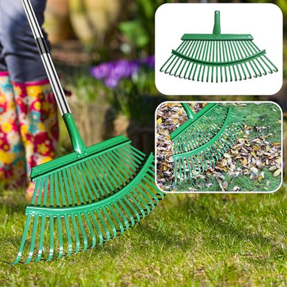 Adjustable Metal Leaf Rake Set – 25 Tines, 38-73" Handle, 19" Wide with 2 Pack 32-Gallon Leaf Bags & Scoops – Heavy Duty Garden Rake for Lawns, Shrubs, Grass, Flower Beds & Outdoor Use