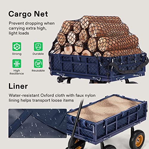VIVOSUN Heavy-Duty Steel Garden Cart, 400-Pound Capacity, Steel Utility Garden Wagon with Removable Sides, 8" Pneumatic Tires, Liner, Cargo Net, Blue - style: Steel Garden Style