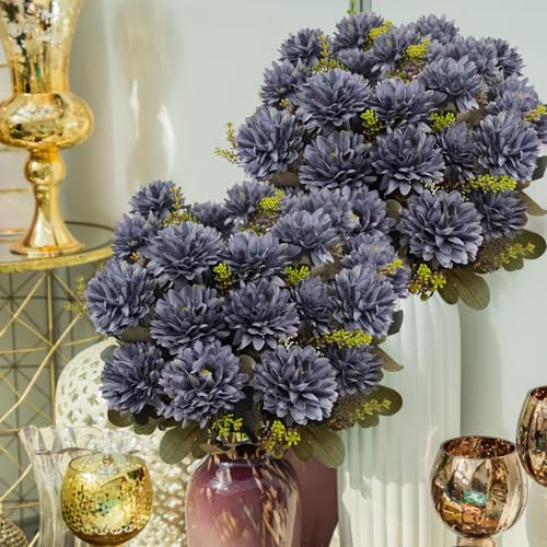 Fall Flowers Artificial Mums 2 Pcs 18 Heads Silk Chrysanthemums Fake Mums Faux Floral Bouquet Arrangements for Home Decor Indoor Outdoors Planter Pots Porch Autumn Decoration (Light Blue) - color: Light Blue