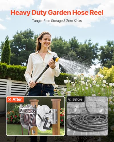 VEVOR Wall Mounted Garden Hose Reel Holds 150 ft 5/8-inch Water Hose Winder - color: Silver, size: 150ft, 5/8-inch, Wall Mounted