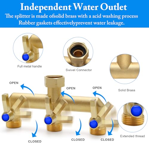 Brass Garden Hose Splitter, 3 Way Hose Splitter, Outdoor Hose Splitter, Outlet for Regulating and Shutting Off Water Flow