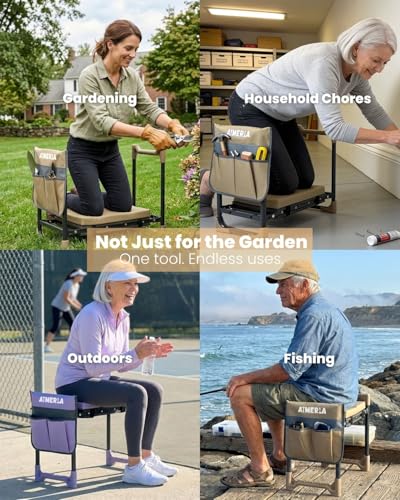 Aimerla K7 Foldable Garden Kneeler Seat, Upgraded Anti-Slip Base, 350LBS Capacity, 10.2" Wide EVA Pad & Detachable Cloud Cushion, 2-in-1 Kneeler Bench for Seniors, Gardening Gifts for Parents - color: Khaki