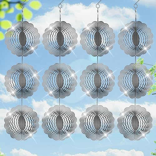 Stainless Steel Bird Deterrents for Outside Patio, Reflective Bird Scare Devices 3D Wind Spinners Outdoor Decor, Woodpecker Deterrent Bird Reflectors to Keep Pigeon Crow Away House Yard Window Porch - color: Silver Flower 12 Discs