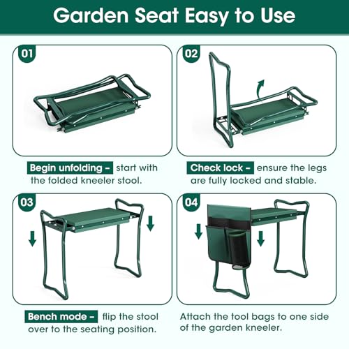 2-in-1 Garden Kneeler with Umbrella, Garden Kneeling Bench & Green Umbrella, Portable Garden Stool Loads Capacity 330lb and Garden Tools Bag with bottle holder, Gardening Gifts for Women,Men,Seniors - color: Green