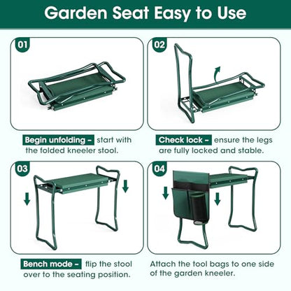 2-in-1 Garden Kneeler with Umbrella, Garden Kneeling Bench & Green Umbrella, Portable Garden Stool Loads Capacity 330lb and Garden Tools Bag with bottle holder, Gardening Gifts for Women,Men,Seniors - color: Green