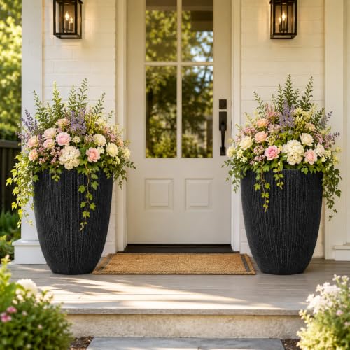 19" Black Concrete-Look Resin Tall Planters with Fluted Texture - color: 19"h-mediterranean Black