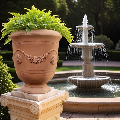 Worth Garden Large Urn Planter - 14" Dia x 16.5" H Lightweight Magnesium Oxide Plant Pot with Cement Texture - Rust-Like Finish Concrete Urn Planter with Drainage Hole for Indoor & Outdoor Decor