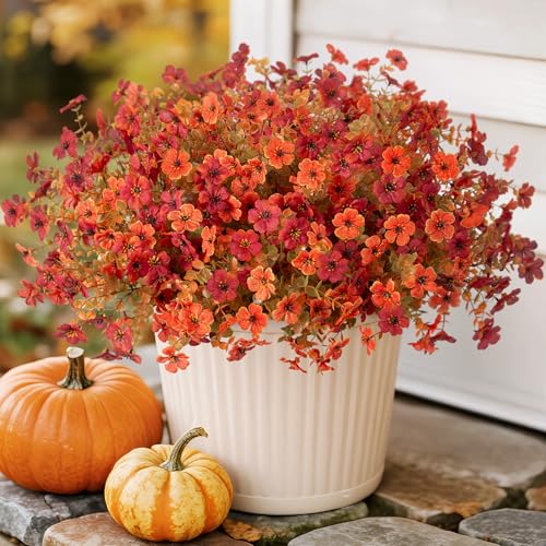 ADXORA 12 Bundles Fake Artificial Mums Fall Flowers for Outdoor Decoration - color: A1-orange, Autumn Red