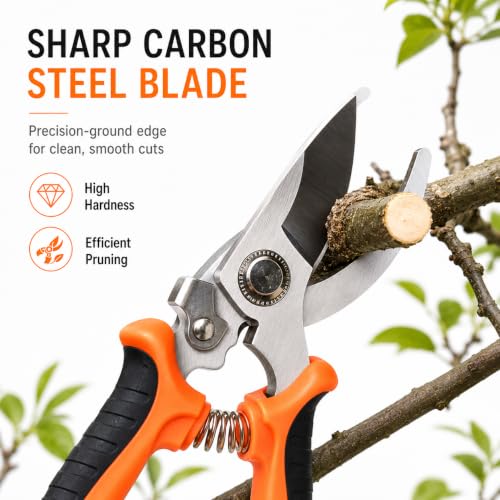 Labor-saving Pruning Shears, Carbon Steel Garden Pruner, Ergonomic Non Slip Hand Pruning Scissors with Safety Lock for Plant Stem Flower Shrub Orchard Home Gardening Trimming
