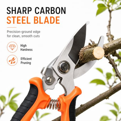 Labor-saving Pruning Shears, Carbon Steel Garden Pruner, Ergonomic Non Slip Hand Pruning Scissors with Safety Lock for Plant Stem Flower Shrub Orchard Home Gardening Trimming