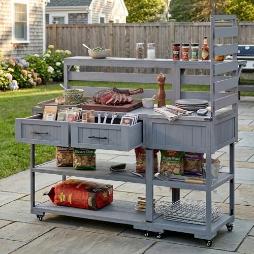 Roomfitters Garden Potting Bench with Wheels, Extra Wide Outdoor Potting Table and BBQ Prep Station, Storage Shelves, Gray - color: Gray