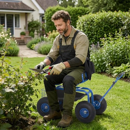 Rolling Garden Cart with Seat, Garden Workseat with 360-Degree Swivel - color: Blue+backrest
