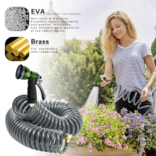 Coil Hose 50FT EVA Coil Garden Hose With 3/4'' Brass Connector - color: Gray, size: 50ft