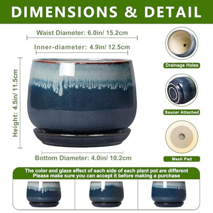 Ceramic Pots for Plants, 6 Inch Plant Pot Indoor, Retro Blue - size: 6 Inch, style: Retro