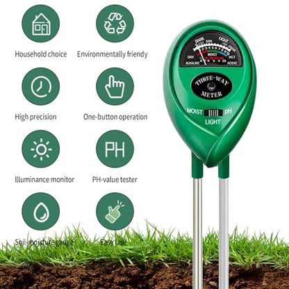 Soil Tester, Soil Test Kit Acidity Water, 3-in-1 Plant Moisture Meter Light/Moisture/PH Tester for Home, Garden, Lawn, Farm, Indoor and Outdoor Use, Promote Plants Healthy Growth - color: GREEN