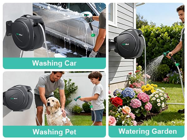 Retractable Garden Hose Reel, 65FT +6FT 5/8" Durable Wall Mounted Water Hose Reel with 180° Swivel Bracket, 9 Pattern Sprayer, 6Ft leader hose,Smooth Automatic Rewind, Any Length Lock. - size: 65Ft x 5/8"