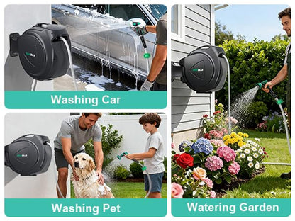 Retractable Garden Hose Reel, 100Ft x 1/2" Durable Wall Mounted Water Hose Reel with 180¡ãSwivel Bracket, 9 Pattern Sprayer, 6Ft leader hose,Smooth Automatic Rewind, Any Length Lock. - size: 100Ft x 1/2"