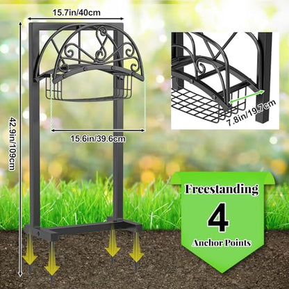 Garden Hose holder, 4-Spike Heavy Metal with Storage Basket, Swirl - style: Floral with Storage Basket