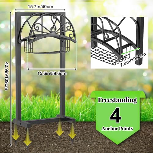 Garden Hose holder, 4-Spike Heavy Metal with Storage Basket, Swirl - style: Floral with Storage Basket