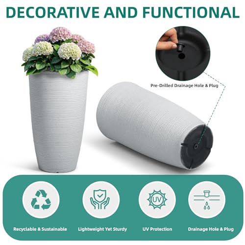 2-Pack 23.5" White Plastic Tall Tapered Planters with Ribbed Texture - color: 23.5" Pp-brushed White