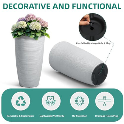 2-Pack 23.5" White Plastic Tall Tapered Planters with Ribbed Texture - color: 23.5" Pp-brushed White