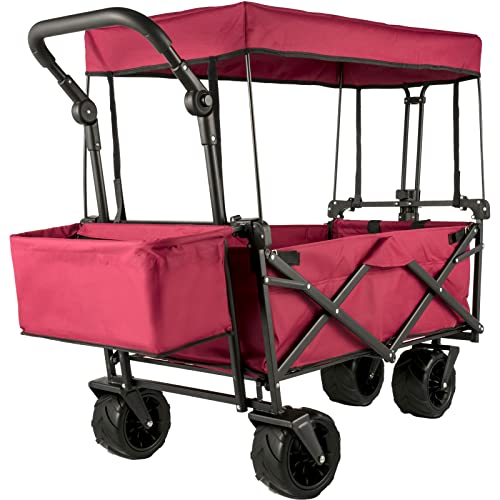 Happbuy Collapsible Wagon with Removable Canopy, 220lbs Heavy Duty Foldable Beach Wagon with Big Wheels - color: Red