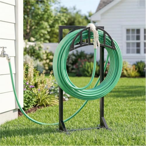 YQSLYSF Garden Hose Reel Holder, Water Hose Stand with 4 Stake and 2 Tool Hooks, Heavy-Duty Metal Hose Storage Holds 150Ft, Freestanding Hose Hanger Rack for Outside, Yard, Lawn, Farm（White） - color: Textured Black