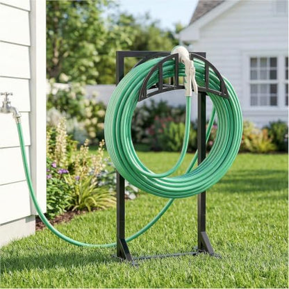 YQSLYSF Garden Hose Reel Holder, Water Hose Stand with 4 Stake and 2 Tool Hooks, Heavy-Duty Metal Hose Storage Holds 150Ft, Freestanding Hose Hanger Rack for Outside, Yard, Lawn, Farm（White） - color: Textured Black