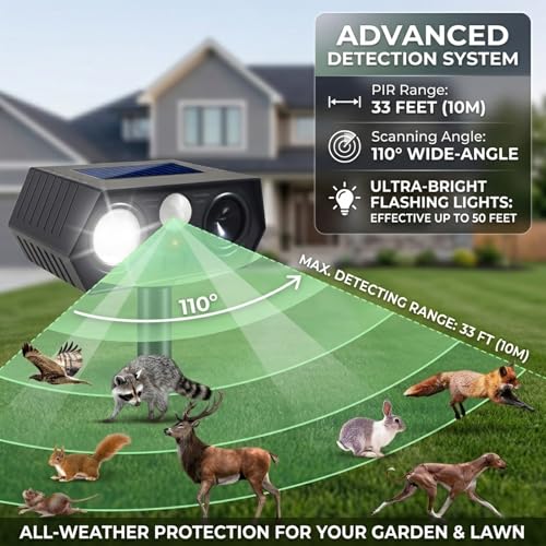 Solar Animal Repellent Outdoor 4 Pack, Ultrasonic Deer Deterrent Devices with Motion Sensor & Flashing Lights, Waterproof Solar Powered Cat Repellent for Garden Yard Squirrel Raccoon Skunk Rabbit Dog