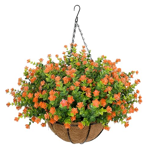NETAP Artificial Hanging Flowers Basket for Outdoor, 16 Fake Flowers Look Real UV Resistant, Faux Hanging Plants for Porch, Balcony, Patio, Garden, Spring Summer Decor,Orange - color: Orange